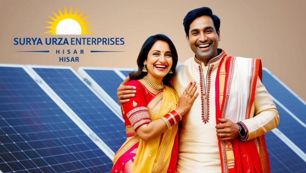 Happy Couple with solar panel on the roof top